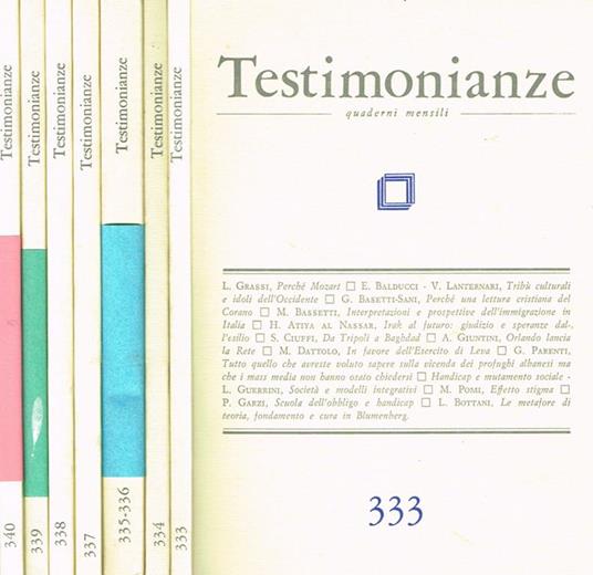 Testimonianze Anno XXXIV N.333 334 335/336 337 338 339 340. Quaderni Mensili - copertina