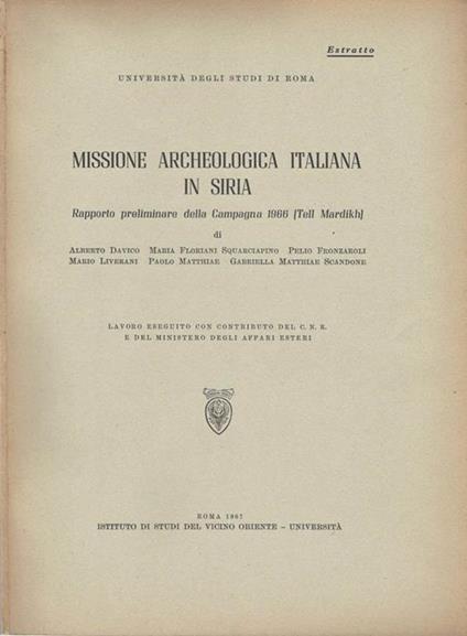 Missione Archeologica italiana in Siria. Rapporto preliminare della Campagna 1966 (Tell Mardikh) - copertina