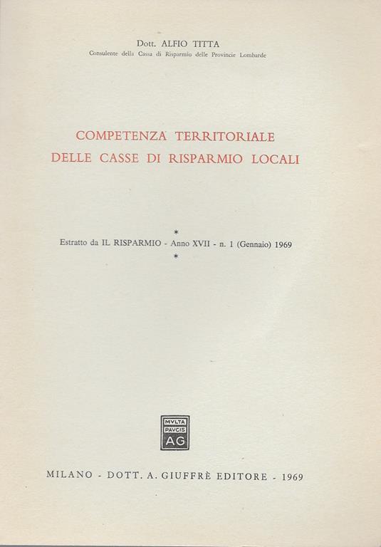 Competenza Territoriale Delle Casse Di Risparmio Locali - Alfio Titta - copertina