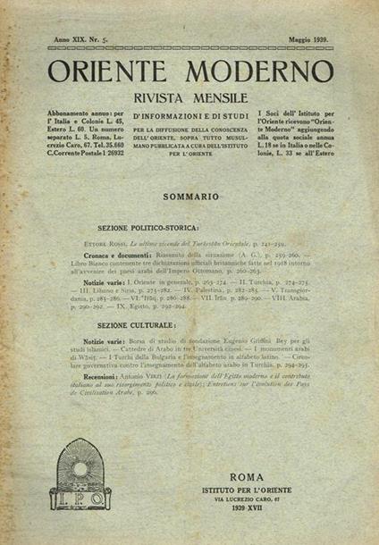 Oriente Moderno Anno Xix N. 5. Rivista Mensile D'Informazione E Di Sturi Per La Diffusione Della Conoscenza Dell'Oriente, Sopra Tutto Musulmano - copertina