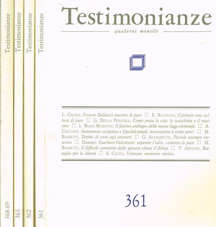 Testimonianze Anno XXXVII N. 361 362 363 368/69. Quaderni Mensili - copertina