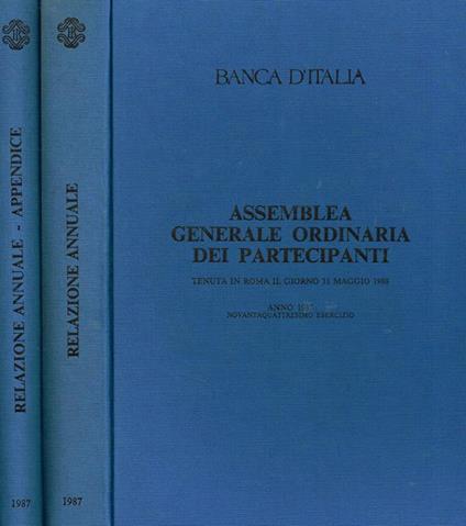 Banca d'italia. Assemblea generale ordinaria dei partecipanti tenuta a roma il giorno 31 maggio 1988 - copertina