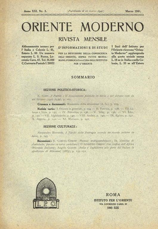 Oriente Moderno Anno Xxi N. 3. Rivista Mensile D'Informazione E Di Sturi Per La Diffusione Della Conoscenza Dell'Oriente, Sopra Tutto Musulmano - copertina