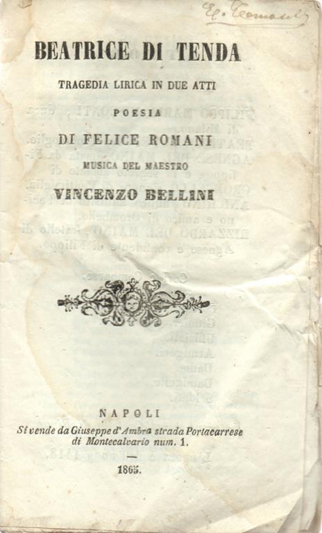 Beatrice di Tenda. Tragedia lirica in due atti - Felice Romani - copertina