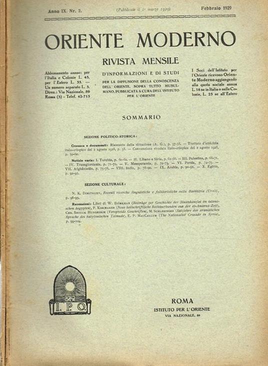 Oriente Moderno Anno Ix N. 2 12. Rivista Mensile D'Informazione E Di Sturi Per La Diffusione Della Conoscenza Dell'Oriente, Sopra Tutto Musulmano - copertina