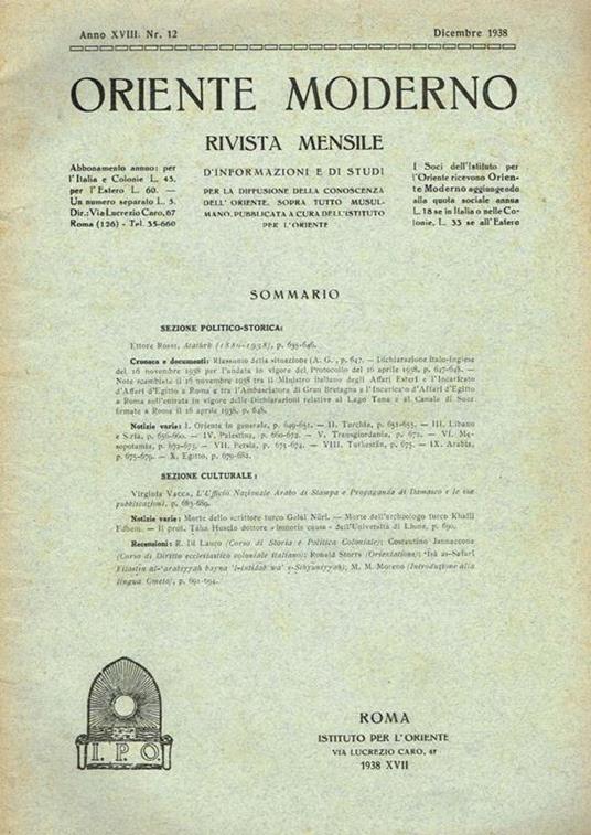 Oriente Moderno Anno Xviii N. 12. Rivista Mensile D'Informazione E Di Sturi Per La Diffusione Della Conoscenza Dell'Oriente, Sopra Tutto Musulmano - copertina