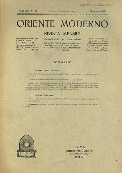 Oriente Moderno Anno Xiii N. 11. Rivista Mensile D'Informazione E Di Sturi Per La Diffusione Della Conoscenza Dell'Oriente, Sopra Tutto Musulmano - copertina