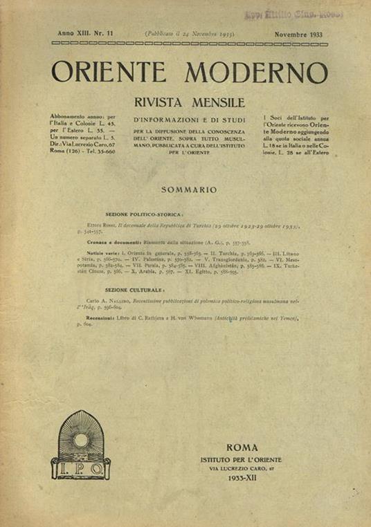 Oriente Moderno Anno Xiii N. 11. Rivista Mensile D'Informazione E Di Sturi Per La Diffusione Della Conoscenza Dell'Oriente, Sopra Tutto Musulmano - copertina