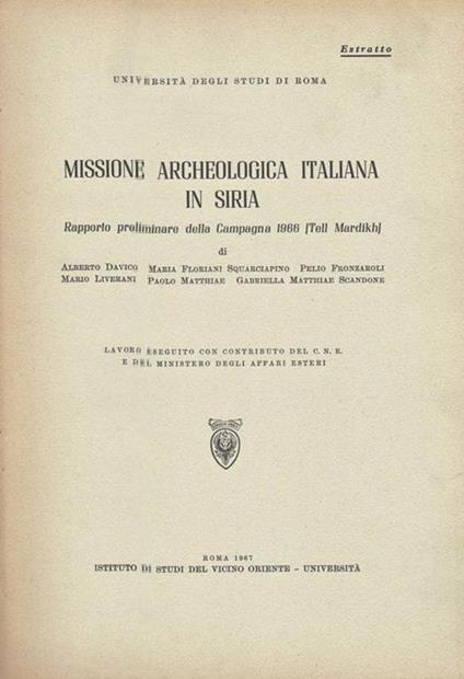 Missione Archeologica italiana in Siria. Rapporto preliminare della Campagna 1966 (Tell Mardikh) - copertina