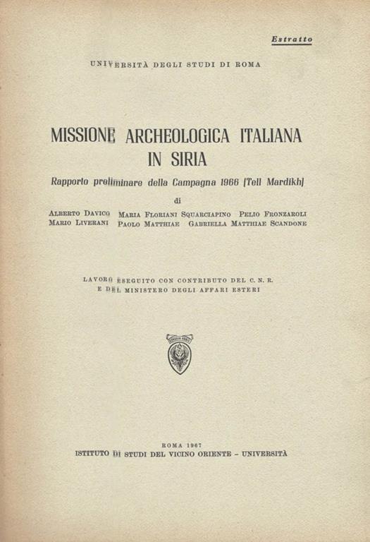 Missione Archeologica italiana in Siria. Rapporto preliminare della Campagna 1966 (Tell Mardikh) - copertina