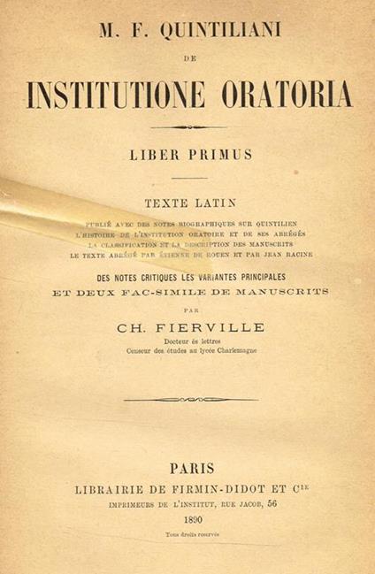 De Institutione Oratoria Liber Primus - M. Fabio Quintiliano - copertina
