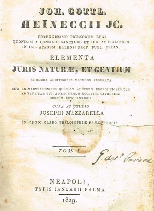 Juris Naturae, Et Gentium Tomo I - Johann Gottlieb Heinecke - copertina