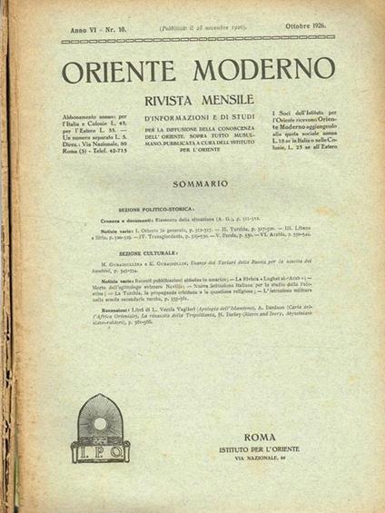 Oriente Moderno Anno Vi N. 6 10. Rivista Mensile D'Informazione E Di Sturi Per La Diffusione Della Conoscenza Dell'Oriente, Sopra Tutto Musulmano - copertina