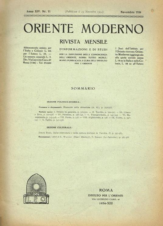 Oriente Moderno Anno Xiv N. 11. Rivista Mensile D'Informazione E Di Sturi Per La Diffusione Della Conoscenza Dell'Oriente, Sopra Tutto Musulmano - copertina