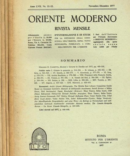 Oriente Moderno Anno Lvii N. 1-2 5-6 7-8 11-12. Rivista Mensile D'Informazione E Di Sturi Per La Diffusione Della Conoscenza Dell'Oriente, Sopra Tutto Musulmano - copertina