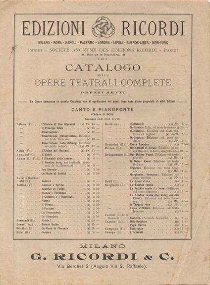 Catalogo delle Opere Teatrali complete. 1916. Canto e pianoforte (Chiave di Sol) - copertina