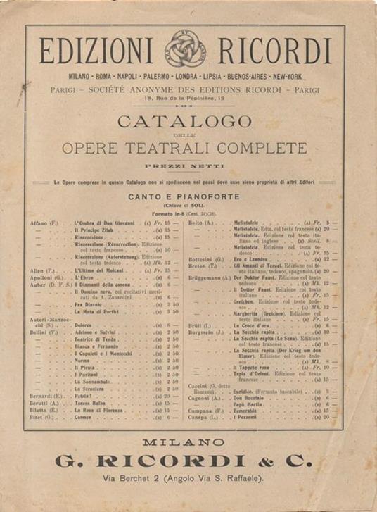 Catalogo delle Opere Teatrali complete. 1916. Canto e pianoforte (Chiave di Sol) - copertina