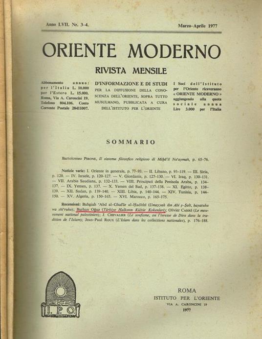 Oriente Moderno Anno Lvii N.3/4 9/10. Rivista Mensile - copertina