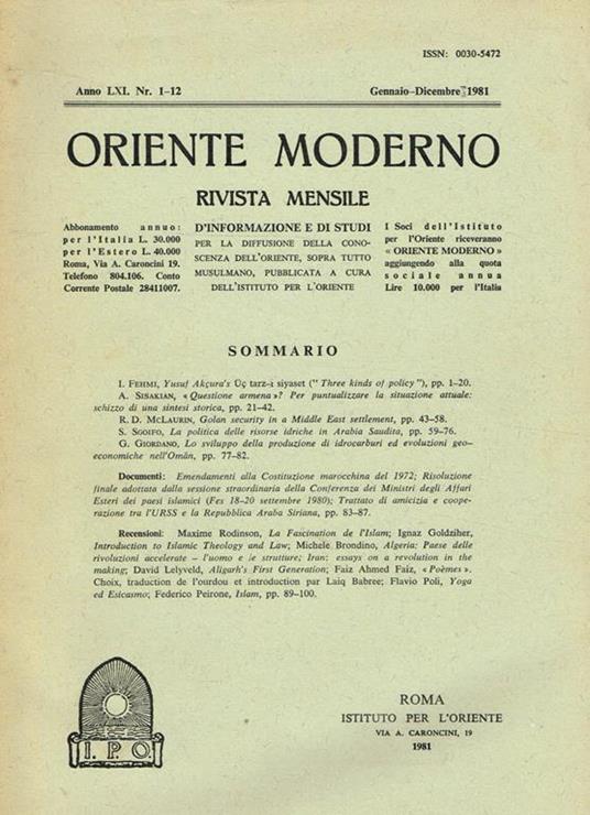 Oriente Moderno Anno Lxi N.1-12. Rivista Mensile - copertina