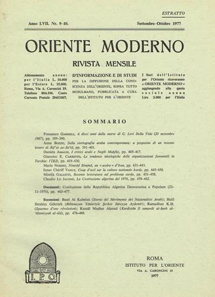 Oriente Moderno Anno Lvii N.9-10 Estratto. Rivista Mensile D'Informazione E Di Studi Per La Diffusione Della Conoscenza Dell'Oriente Sopra Tutto Musulmano - copertina