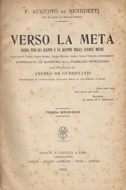 Verso la meta. Guida per gli alunni e le alunne delle Scuole Medie - Ferdinando Augusto De Benedetti - copertina