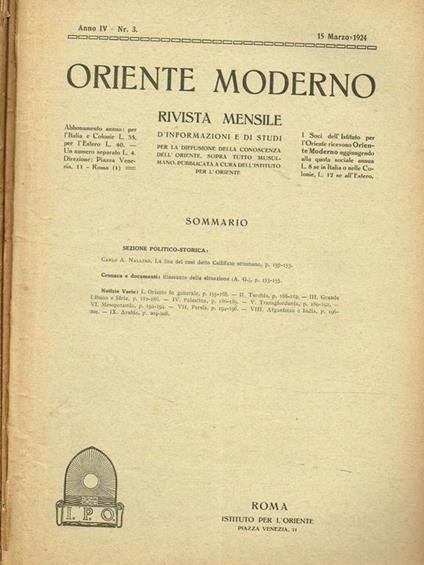 Oriente Moderno Anno Iv Nr.3. Rivista Mensile D'Informazione E Di Studi Per La Diffusione Della Conoscenza Dell'Oriente, Sopra Tutto Musulmano - copertina