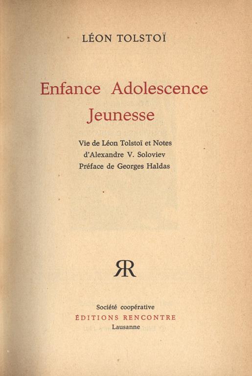 Enfance Adolescence Jeunesse - Lev Tolstoj - copertina