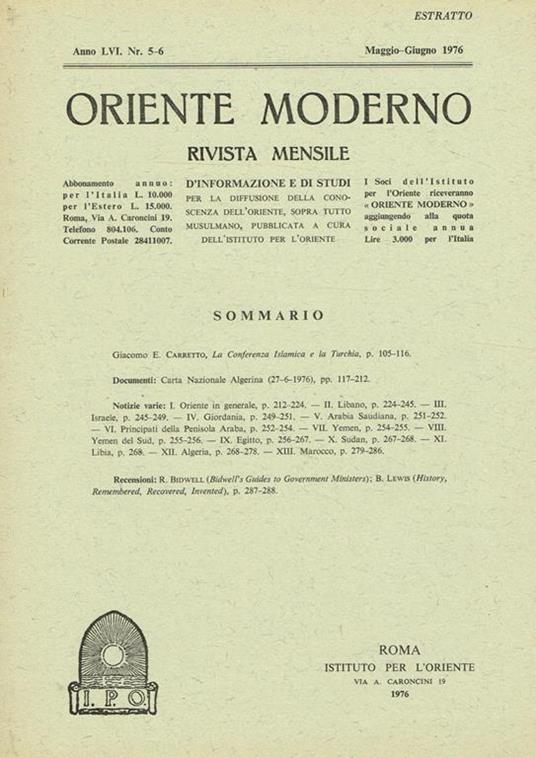 Oriente Moderno Anno Lvi N.5-6 Estratto. Rivista Mensile D'Informazione E Di Studi Per La Diffusione Della Conoscenza Dell'Oriente Sopra Tutto Musulmano - copertina