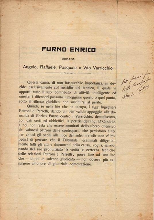 Furno Enrico contro Angelo, Raffaele, Pasquale e Vito Varricchio - Alfredo Facchiano,R. De Caro - copertina