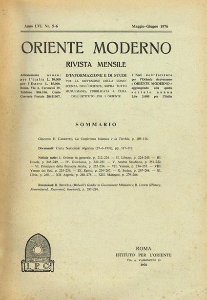 Oriente Moderno Anno Lvi N.5-6. Rivista Mensile - copertina