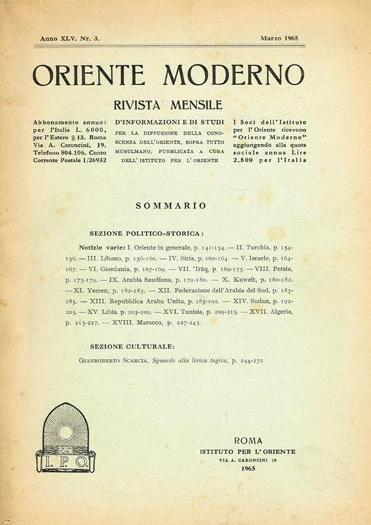 Oriente Moderno Anno Xlv N.3. Rivista Mensile - copertina