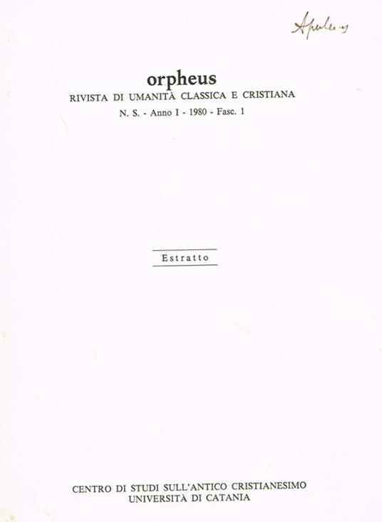 Orpheus. Rivista Di Umanità Classica E Cristiana N.S. Anno I 1980 Fasc.1. Estratto - copertina