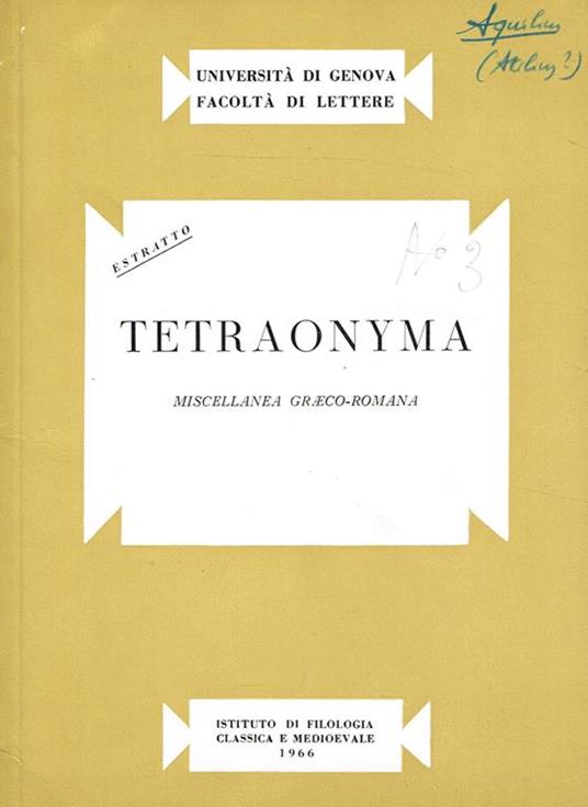 Tetraonyma. Miscellanea Graeco-Romana. Estratto - copertina