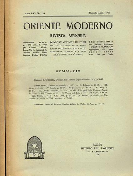 Oriente Moderno Anno Lvi Nr.1-4 7-12. Rivista Mensile D'Informazione E Di Studi Per La Diffusione Della Conoscenza Dell'Oriente, Sopra Tutto Musulmano - copertina