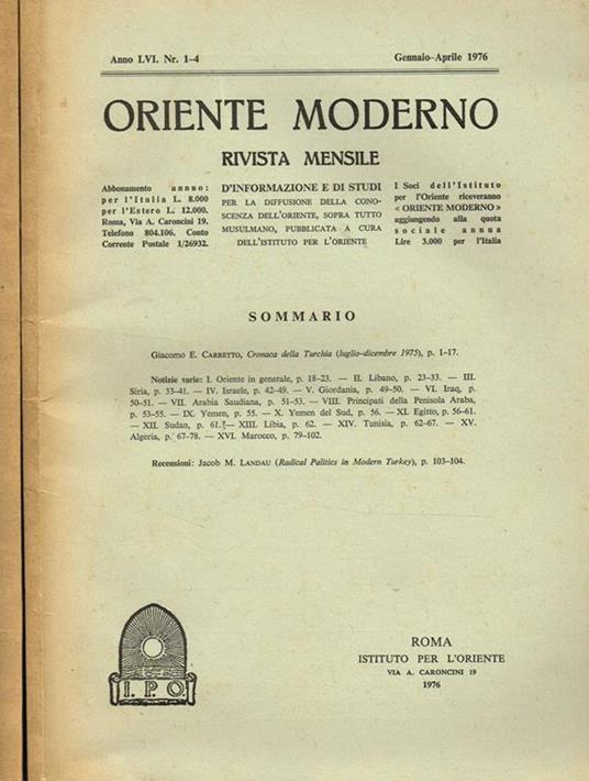 Oriente Moderno Anno Lvi Nr.1-4 7-12. Rivista Mensile D'Informazione E Di Studi Per La Diffusione Della Conoscenza Dell'Oriente, Sopra Tutto Musulmano - copertina