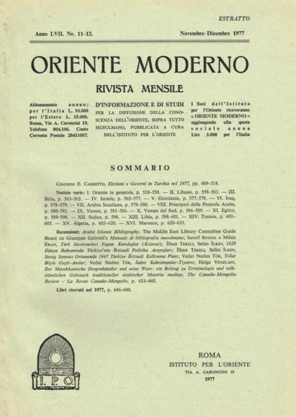 Oriente Moderno Anno Lvii N.11-12 Estratto. Rivista Mensile D'Informazione E Di Studi Per La Diffusione Della Conoscenza Dell'Oriente Sopra Tutto Musulmano - copertina