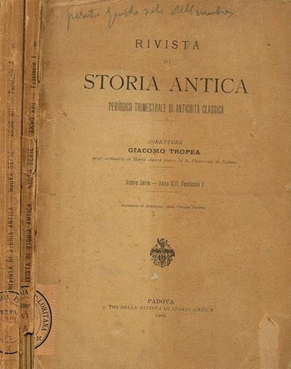 Rivista Di Storia Antica N.S. Anno Xiii Fasc.1 4. Periodico Trimestrale Di Antichità Classica - copertina