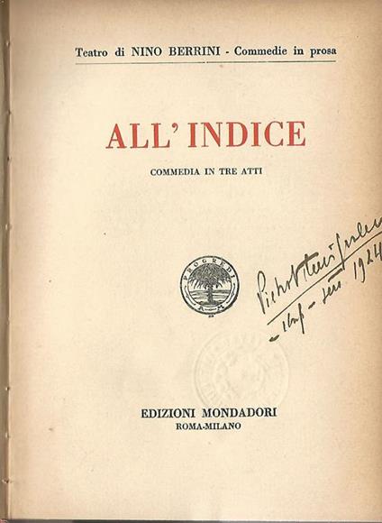 All'indice. Commedia in tre atti - Nino Berrini - copertina