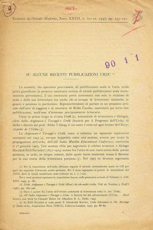 Su Alcune Recenti Pubblicazioni Urdu. Estratto Dalla Rivista Oriente Moderno Anno Xxvii N. 10-12 1947 - Alessandro Bausani - copertina