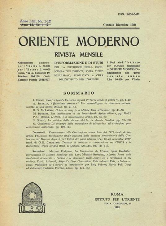 Oriente Moderno Anno Lxi N.1-12. Rivista Mensile D'Informazione E Di Studi Per La Diffusione Della Conoscenza Dell'Oriente, Sopra Tutto Musulmano - copertina