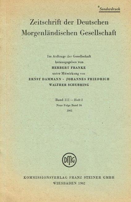 Zeitschrift Der Deutschen Morgenlandischen Gesellschaft. Estratto. Band 111, Heft 2 Neue Folge Band 36 1961 - Herbert Franke - copertina