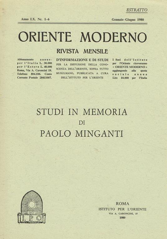 Oriente Moderno Anno Lx N.1-6 Estratto. Rivista Mensile D'Informazione E Di Studi Per La Diffusione Della Conoscenza Dell'Oriente Sopra Tutto Musulmano - copertina