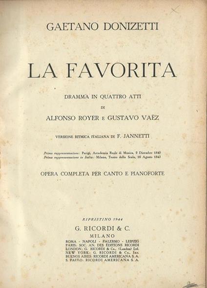 La Favorita. Dramma in quattro atti - Gaetano Donizetti - copertina