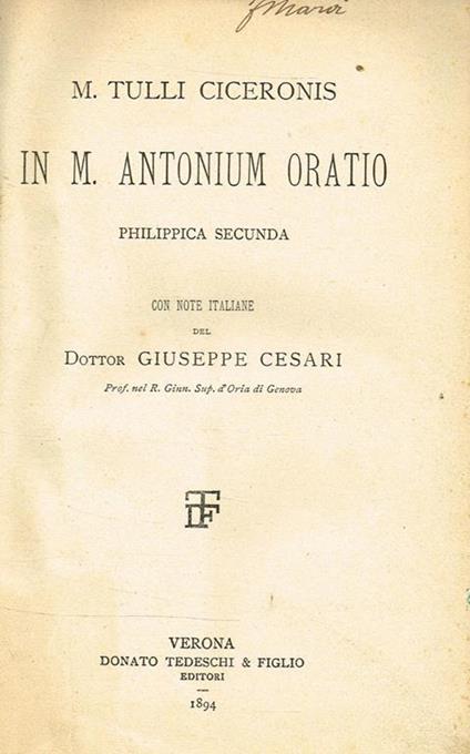 In M.Antonium Oratio. Philippica Secunda - M. Tullio Cicerone - copertina