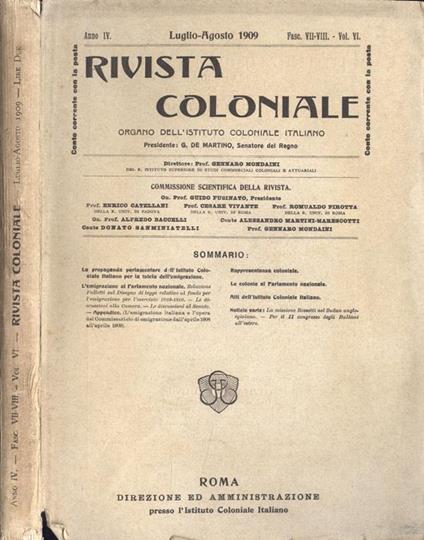 Rivista coloniale Anno IV fasc. VII. VIII Vol. VI. Organo dell' Istituto Coloniame Italiano - copertina