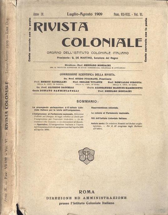 Rivista coloniale Anno IV fasc. VII. VIII Vol. VI. Organo dell' Istituto Coloniame Italiano - copertina