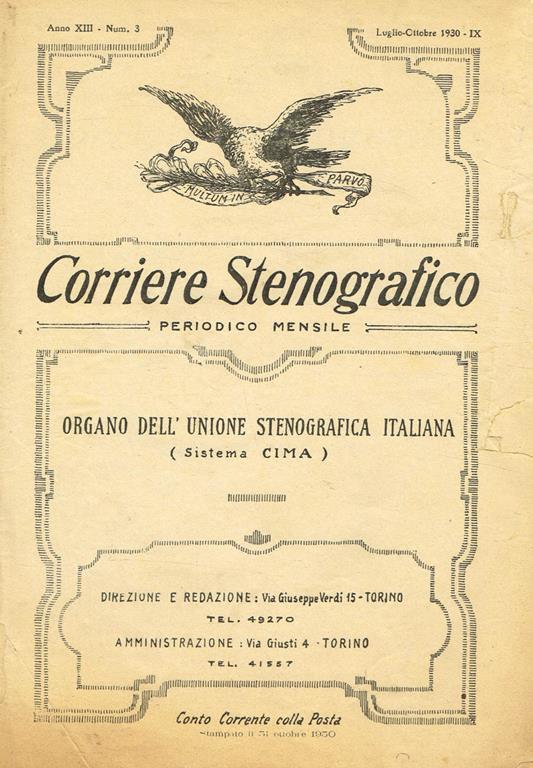 Corriere Stenografico. Periodico Mensile Anno Xiii N.3. Organo Dell'Unione Stenografica Italiana - copertina