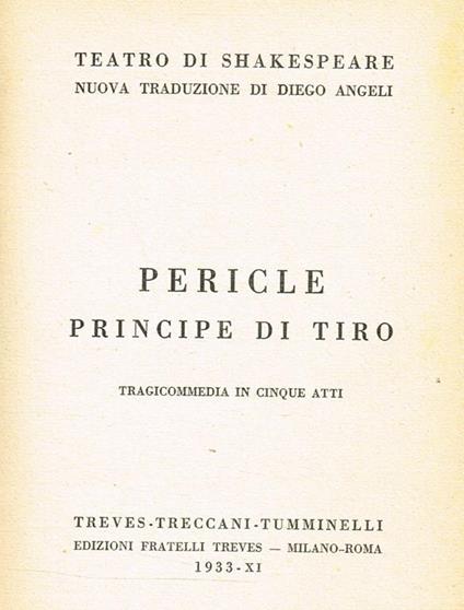 Pericle, Principe Di Tiro. Tragicommedia In Cinque Atti. Teatro Di Shakespeare - William Shakespeare - copertina