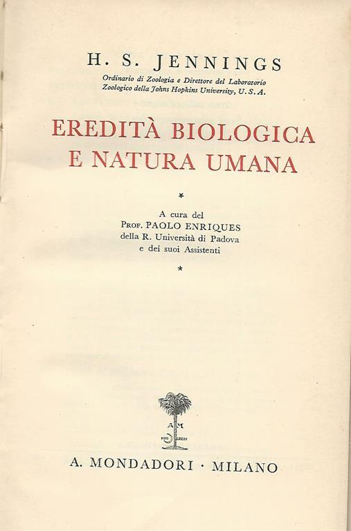 Eredità Biologica e natura umana - H. S. Jennings - copertina