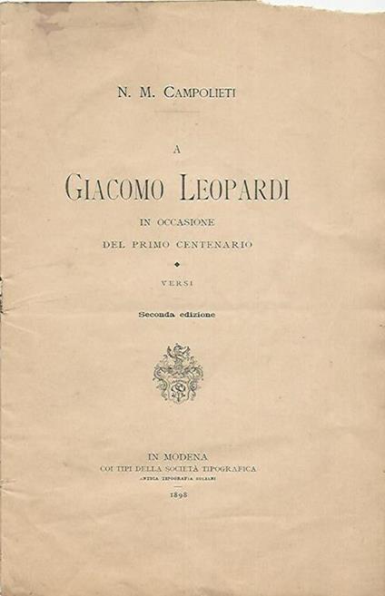 A Giacomo Leopardi. in occasione del primo centenario - copertina